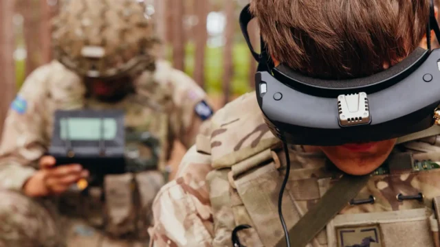 Tpr Harvey Chilman, Queen's Royal Hussars, flew his FPV drone to strike an enemy position during 'Drone Wars' competition. Image: MOD Crown Copyright/British Army