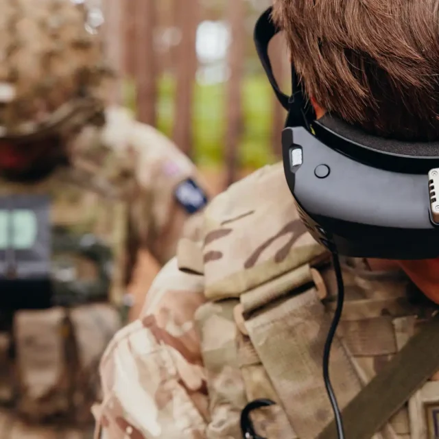 Tpr Harvey Chilman, Queen's Royal Hussars, flew his FPV drone to strike an enemy position during 'Drone Wars' competition. Image: MOD Crown Copyright/British Army