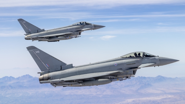 Two RAF Typhoon FGR4s conduct a routine mission over the Middle East in support of Operation Shader on 13 November 2024. Image: MOD Crown Copyright/Cpl Nathan Edwards