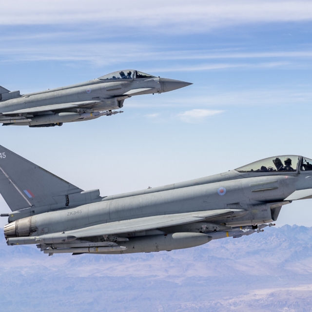 Two RAF Typhoon FGR4s conduct a routine mission over the Middle East in support of Operation Shader on 13 November 2024. Image: MOD Crown Copyright/Cpl Nathan Edwards