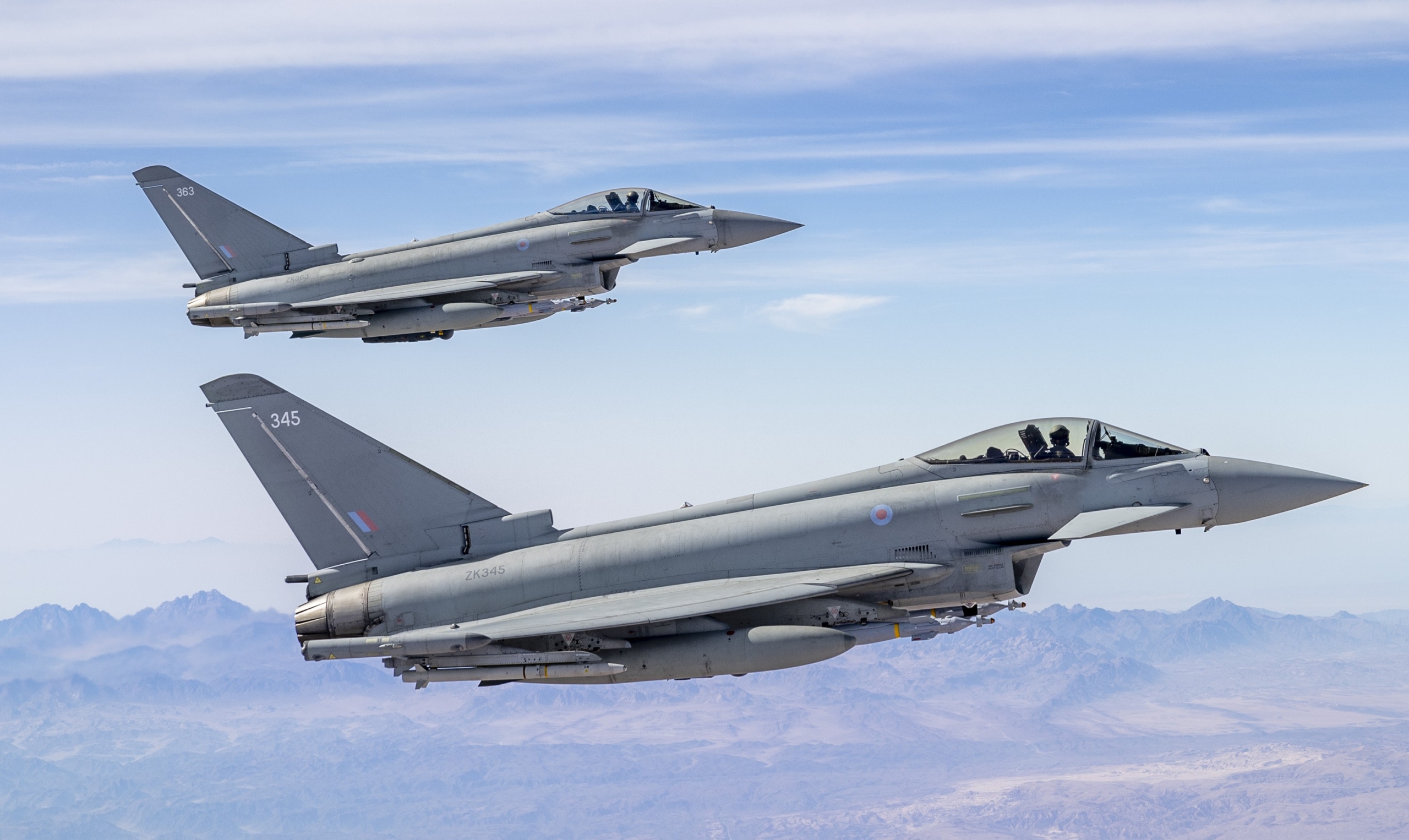 Two RAF Typhoon FGR4s conduct a routine mission over the Middle East in support of Operation Shader on 13 November 2024. Image: MOD Crown Copyright/Cpl Nathan Edwards